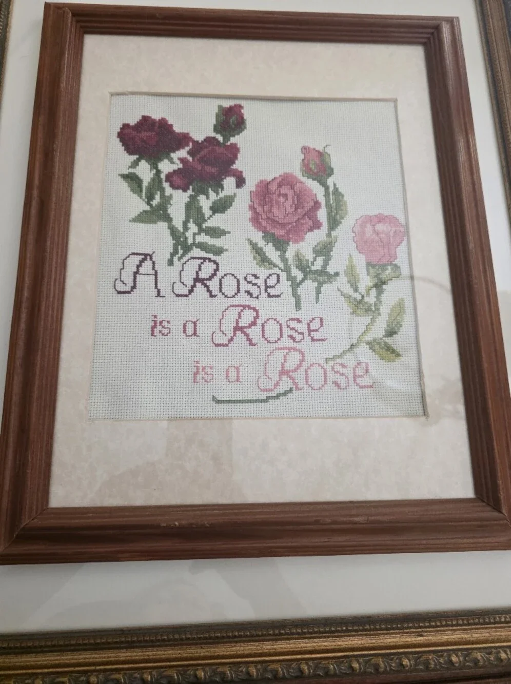 Framed Pink Rose Cross Stitch Wall Art